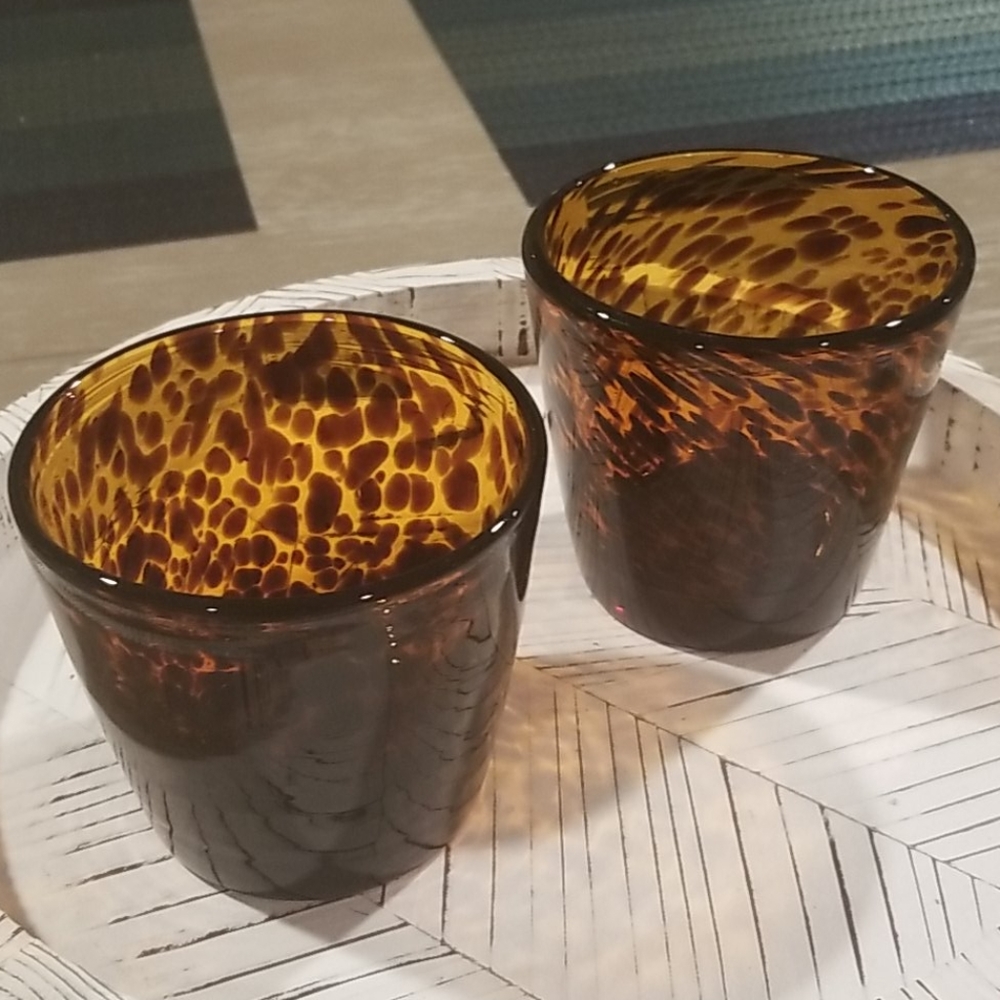 2 tortoise shell glass candle holders